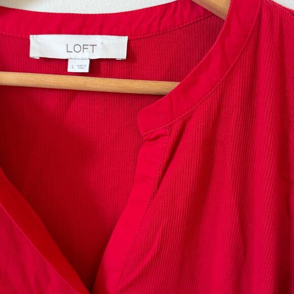 LOFT Vibrant Holiday Red Blouse with Plaid Sleeves Size L - Picture 2 of 4